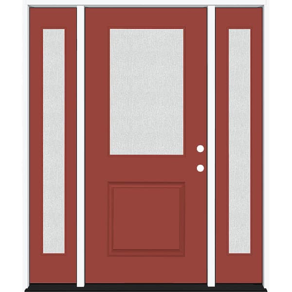 Steves & Sons Legacy 68 in. x 80 in. 1/2 Lite Rain Glass LHIS Primed Morocco Red Finish Fiberglass Prehung Front Door w/Dbl 14 in. SL