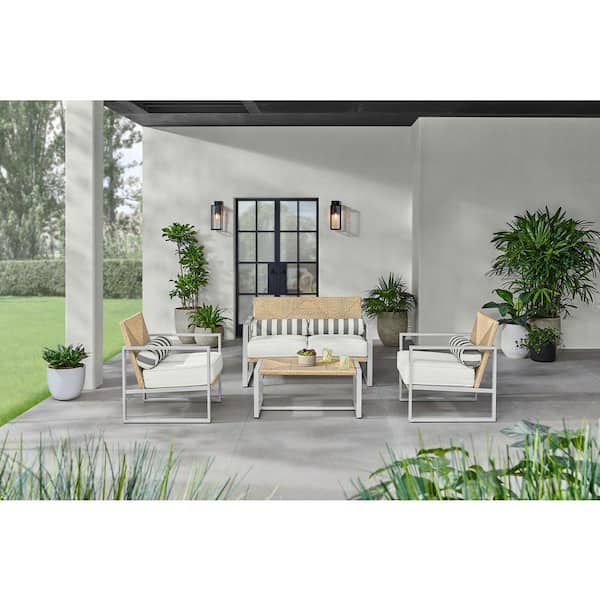 Home Decorators Collection Sea Island White 4-Piece Reinforced Aluminum Outdoor Conversation Set with Wicker Table and Natural White Cushions
