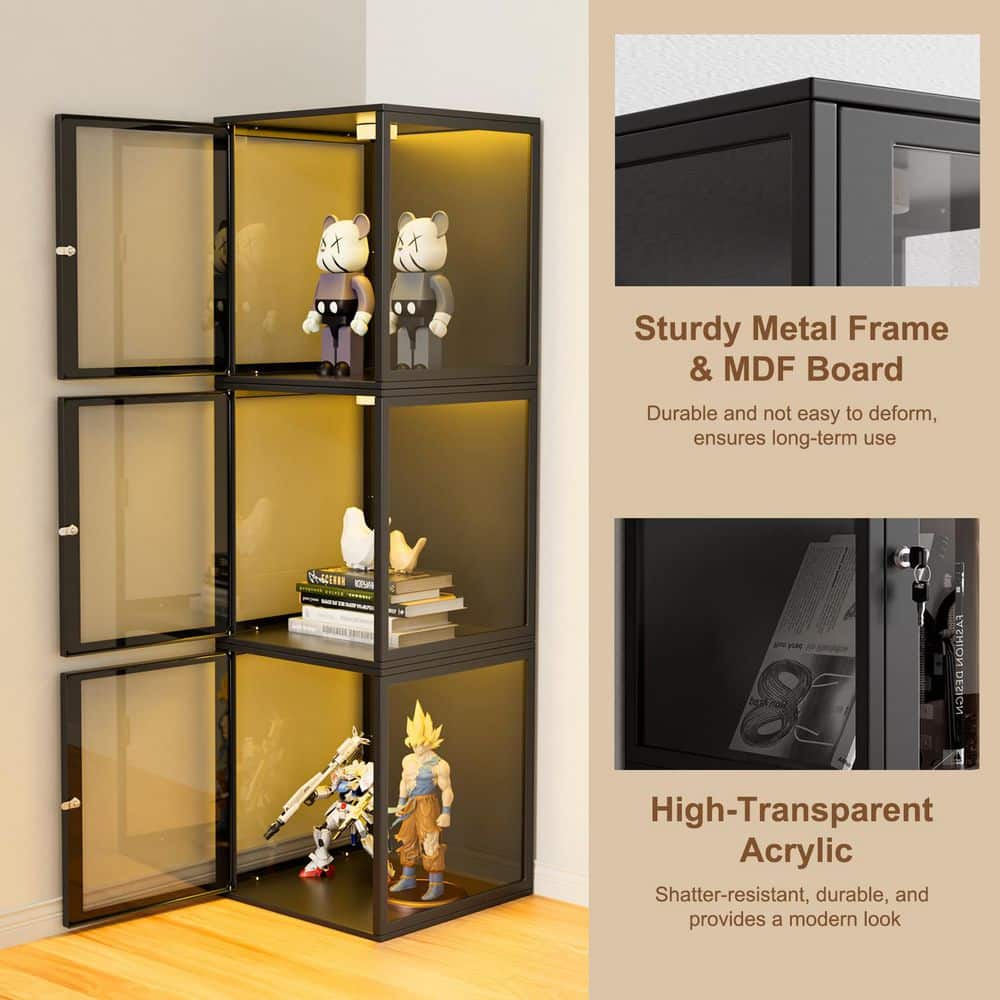 Display cabinets showing the metal frame, MDF board, and high-transparent acrylic materials.