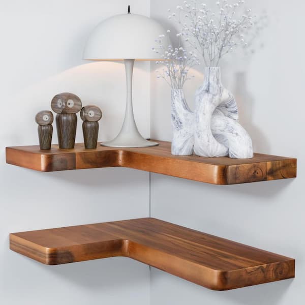 17 in. W x 12 in. D Acacia Wood Corner Floating Shelves, Corner Shelf Wall Mounted, Decorative Wall Shelf (Set 2, Brown)