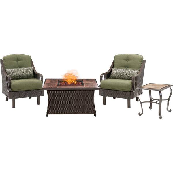 Hanover Ventura 3-Piece All-Weather Wicker Patio Conversation Set with Wood Grain-Top Fire Pit with Vintage Meadow Cushions