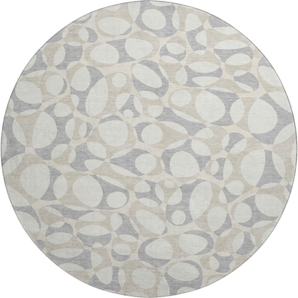 Mayfield Premium Machine Washable Abstract AMF2536 Ivory 8 ft. x 8 ft. Round Rug