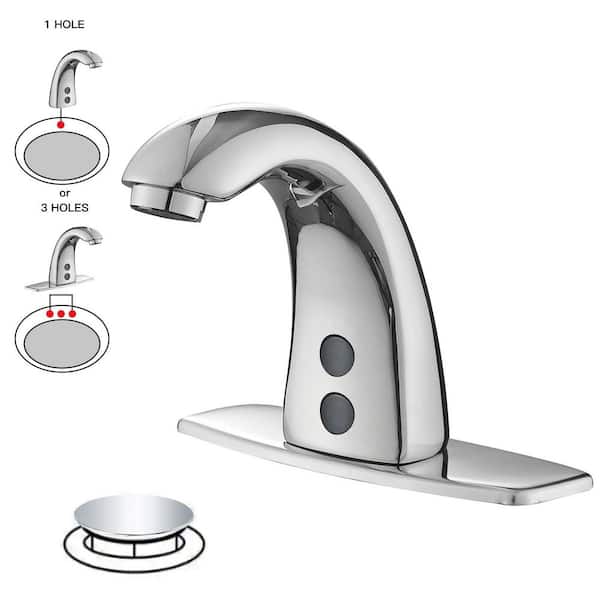 Automatic Sensor Touchless Bathroom Sink Faucet With Deck Plate and Pop Up Drain in Polished Chrome