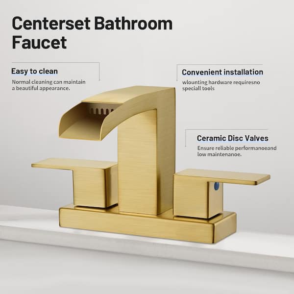 Waterfall Spout 304 Stainless Steel 4 in. Centerset Double Handle Bathroom Faucet with Drain Kit Included in Gold