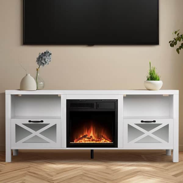60.31-Inch TV Stand with Infrared Freestanding Electric Fireplace in White