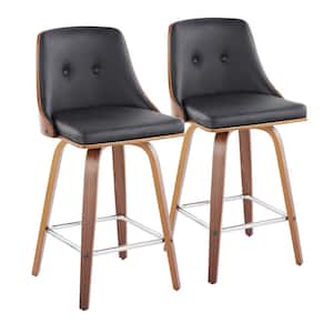 Gianna 25.75 in. Black Faux Leather, Walnut Wood, Chrome Metal Counter Height Bar Stool with Square Footrest (Set of 2)