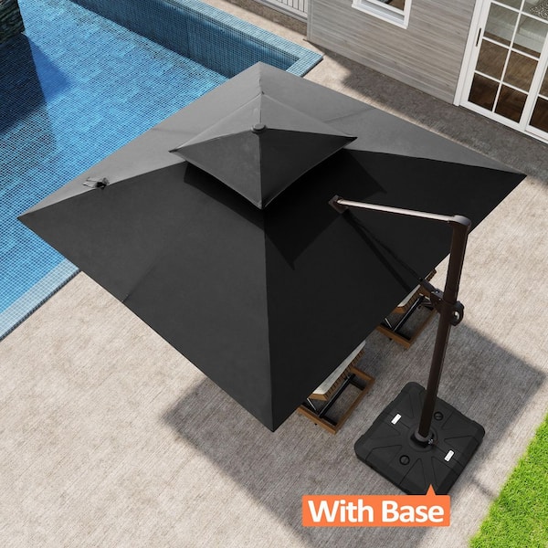 Pellebant 10 ft. x 10 ft. Aluminum 2-Tier Top Canopy 360° Rotation Cantilever Patio Umbrella in Black with Base