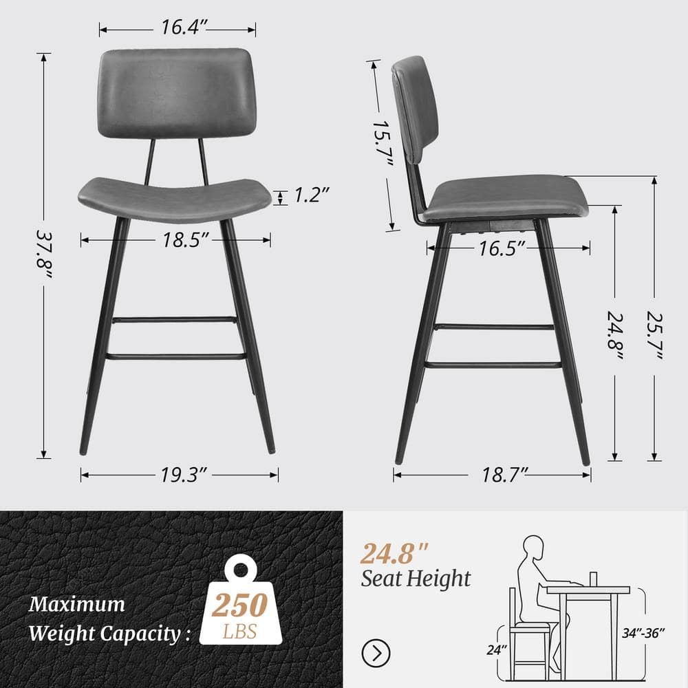 Gray Faux Leather Counter Height Bar Stools with Metal Frame, Set of 2