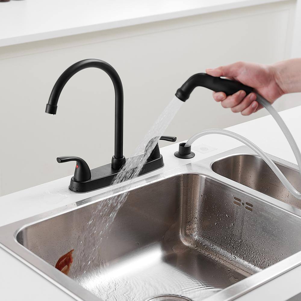 Matte Black Double Handle Bridge Kitchen Faucet with Pull-out Spray