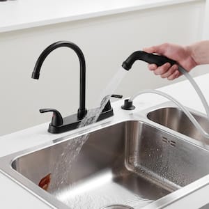 Double Handles 4 Holes Standard Kitchen Faucet Sink With Side Sprayer in Matte Black