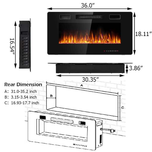 36" Electric Fireplace Heater Recessed Ultra Thin Wall Mounted Multicolor Flame 
