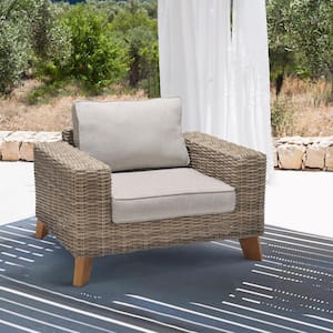 Bahamas Wicker Teak and Wood Outdoor Lounge Chushioned Chair with Olefin Beige Cushion