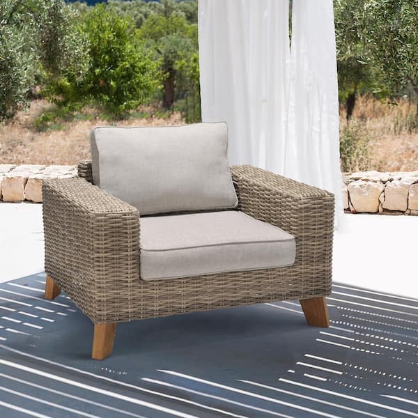 Armen Living Bahamas Wicker Teak and Wood Outdoor Lounge Chushioned Chair with Olefin Beige Cushion