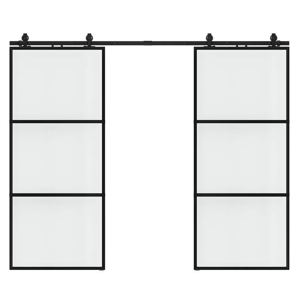 SOCBAZZAR 76 in. x 84 in. Full-lite Frosted Glass Black Metal Frame ...