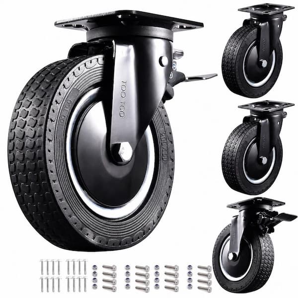4-Pack Industrial Series 8 in. Black Rubber Heavy Duty Swivel Locking Caster Wheels w/Brake Cart 3200 lb. Load Rating
