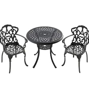 3-Piece Black Cast Aluminum Outdoor Dining Set, Patio Furniture with 30.71 in. Round Table and Random Color Cushions