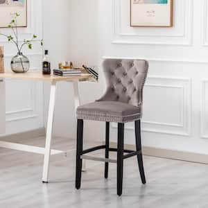 Harper 29 in. High Back Nail Head Trim Button Tufted Gray Velvet Bar Stool with Solid Wood Frame in Black