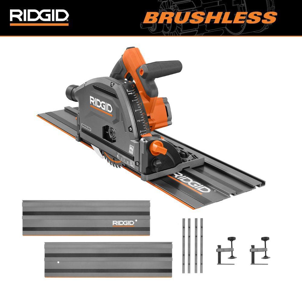 RIDGID 18V Brushless Cordless Track Saw (Tool Only) with (4) 27.5 in. Tracks and (3) Track Saw Clamps