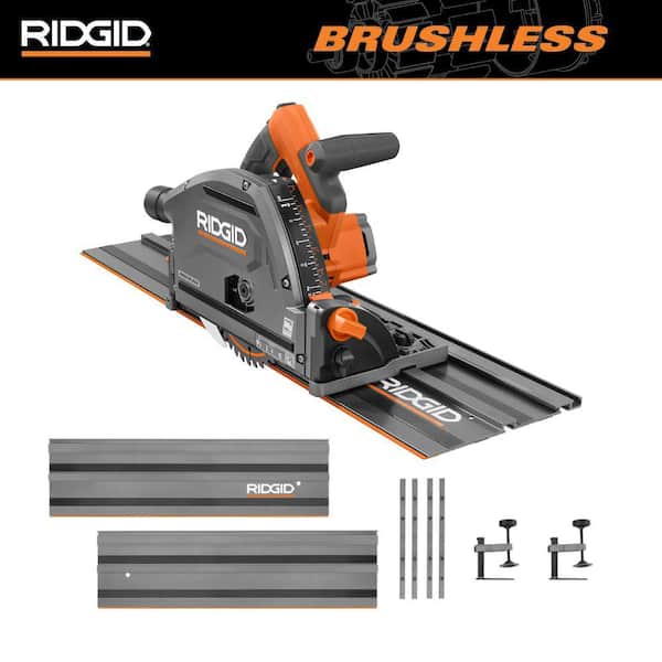 RIDGID 18V Brushless Cordless Track Saw (Tool Only) with (2) 27.5 in. Tracks and (3) Track Saw Clamps