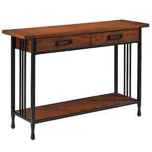 Ironcraft 46 in. W x 14 in. D Mission Oak and Black Metal Rectangle Wood Console Table with 2-Drawers and Shelf