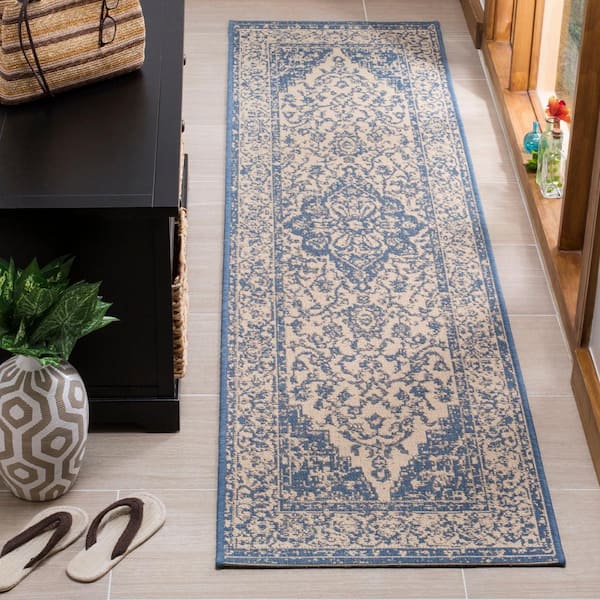 Linden Cream/Blue 2 ft. x 10 ft. Border Antique Medallion Indoor/Outdoor Runner Rug