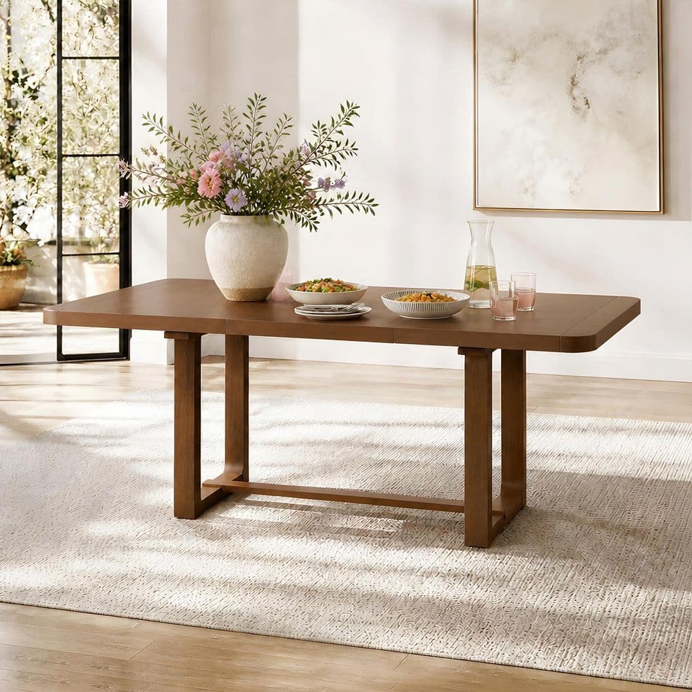 Brown Wood Extendable 84 in. Stretcher Trestle Base Dining Table Seats 6 with 24" Leaf, Rounded Corners, Foot Pads