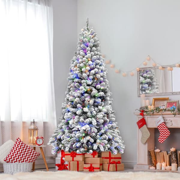 7.5 ft. Silverton Fir Snowy Artificial Christmas Tree, with Easy to Connect Multi-Color LED Lights, Flocked Tree