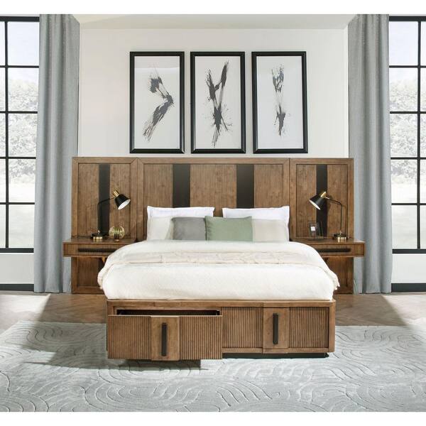 Terrace Ash Brown Wood Frame Queen Platform Bed with Wall Panel Storage