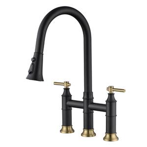 Traditional Double Handle Bridge Kitchen Faucet with Pull out Spray Wand in Black & Gold