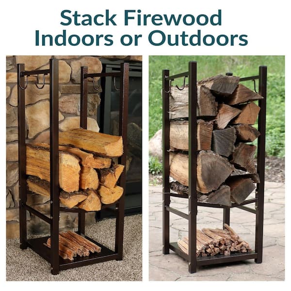 Sunnydaze Firewood Log Rack with Tool Holders in Bronze QX-FLRH Sunnydaze Firewood Log Rack with Tool Holders in Bronze QX-FLRH