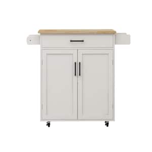 Rolling White Rubber Wood Tabletop 29 in. Kitchen Island with Adjustable Shelve