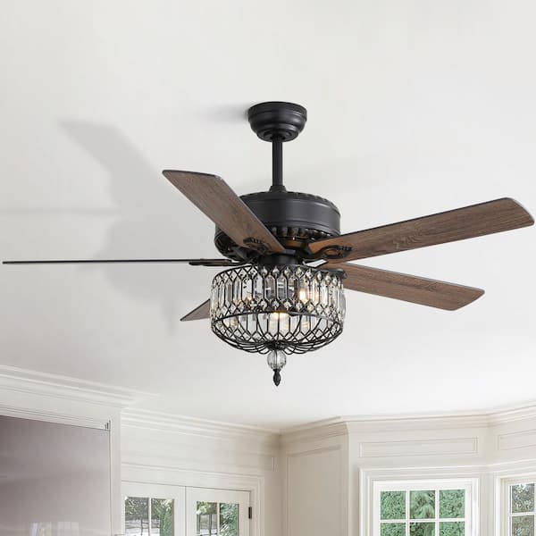 52 in. Indoor Matte Black Crystal Chandelier Ceiling Fan with Light and Remote Control