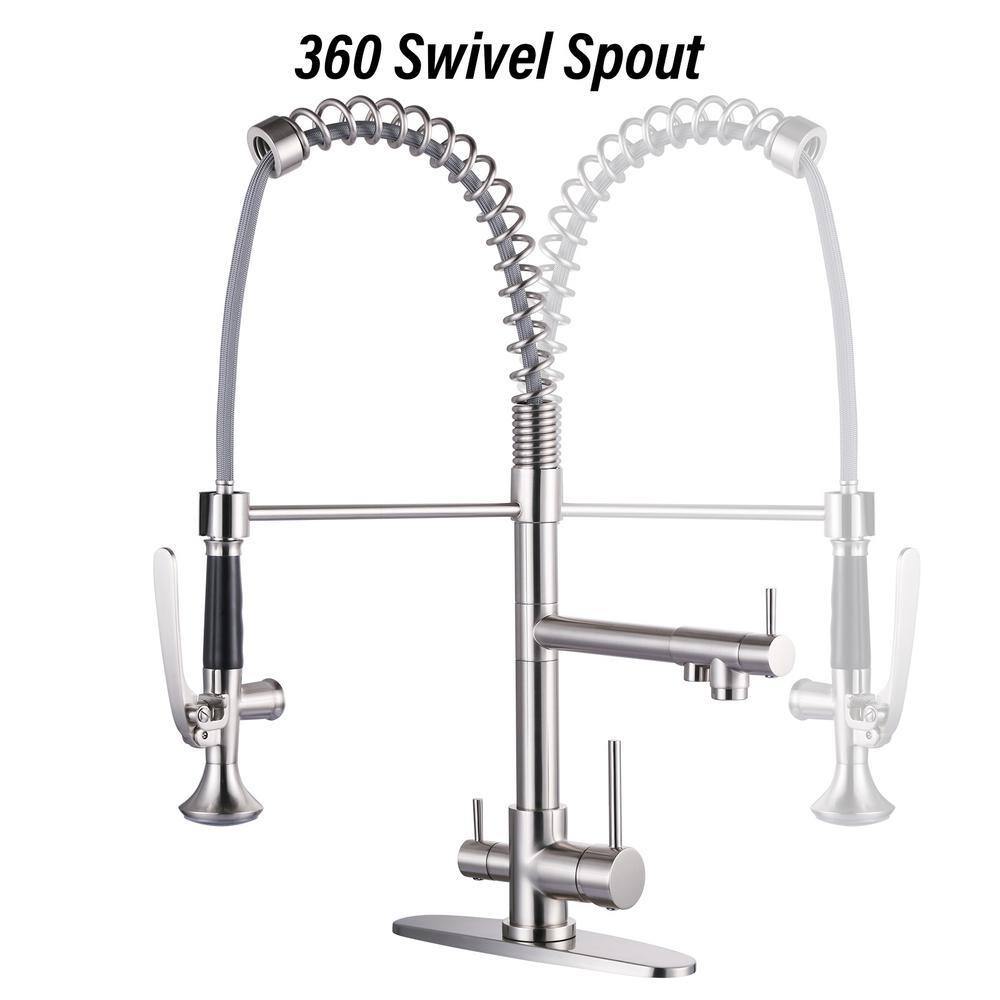 Brushed Nickel Double Handle Pull-Down Kitchen Faucet with Spray