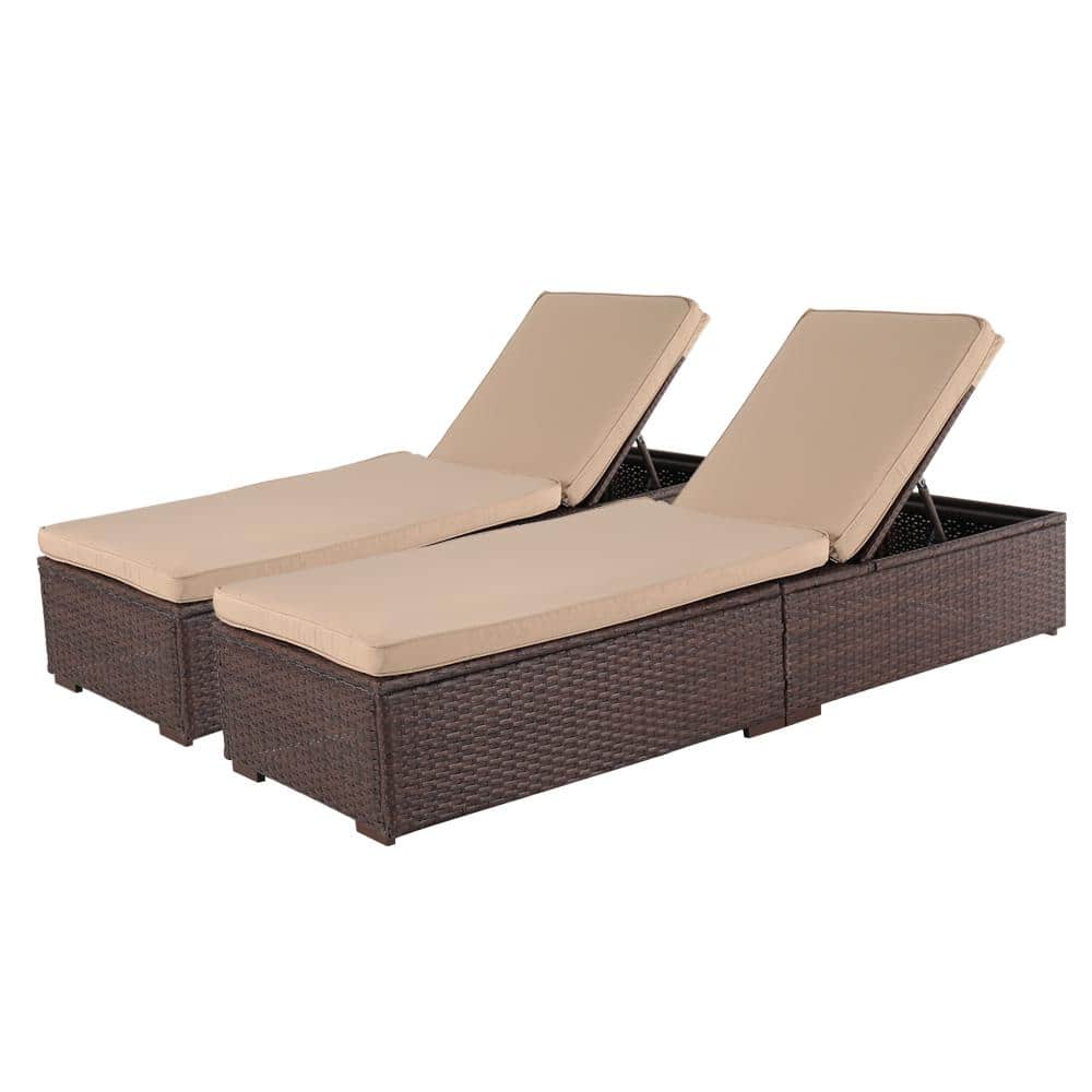 Wicker Outdoor Lounge Chair with Beige Cushions (2-Pack)