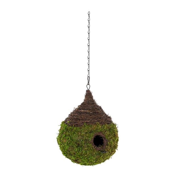 9 In. by 10 In. Small Birdhouse Raindrop with Green Moss