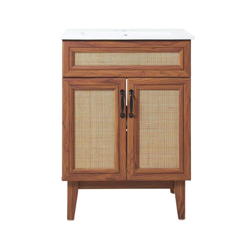 Javer 24" Walnut Rattan 2-Shelf Bath Vanity Cabinet