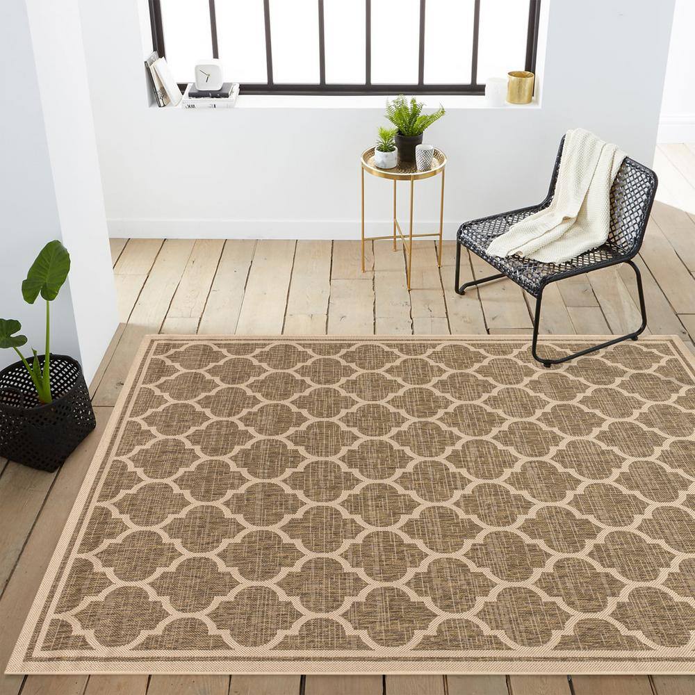 Trebol Moroccan Trellis Brown Beige 9' x 12' Indoor Outdoor Area Rug