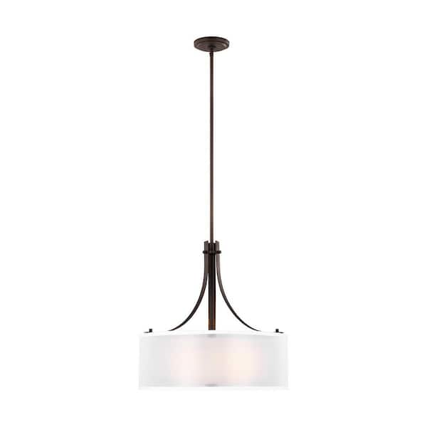 Generation Lighting Elmwood Park 19 in. 3-Light Bronze Modern Transitional Drum Hanging Pendant with Off White Organza Silk Shade