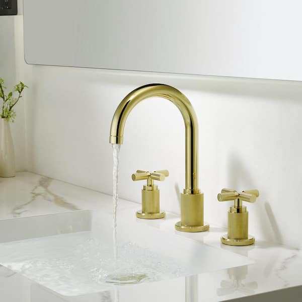 8 in. Widespread Double Handle 3 Hole Brass Bathroom Faucet in Brushed Gold