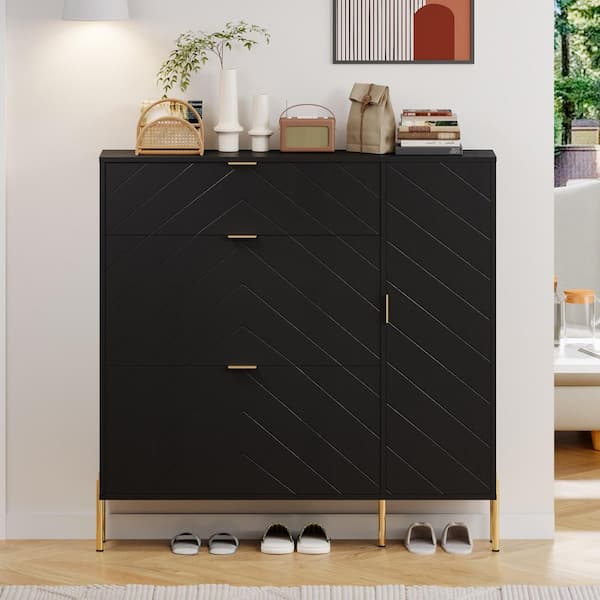49.21 in. H x 9.45 in. W x 43.31 in. L Black Wood Shoe Storage Cabinet with Flip-Up Drawers, Adjustable Shelf