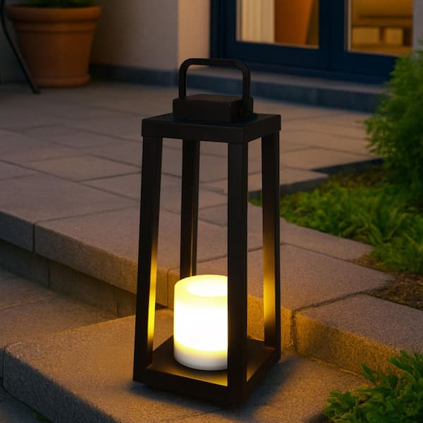 16 in. Black Modern Rechargeable Integrated LED Candle Shape Solar Table Lamp for Living Room with Shade and USB Port