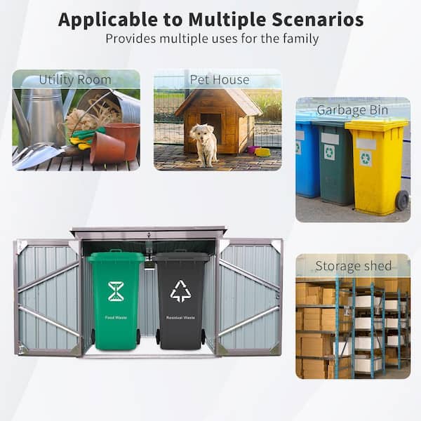 Gray 5 ft. W x 3 ft. D Metal Garbage Bin Shed 2 Trash Cans Outdoor