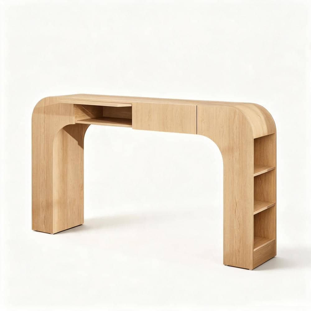 "56.14"" Natural Curved Modern Console Table, Flip‑Top Storage Sofa Back Table with Side Open Shelves, for Bar Use" price history on PriceWatchPro