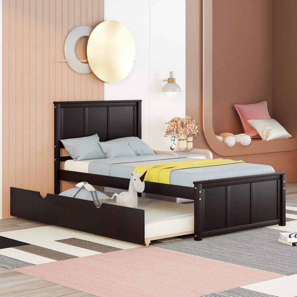 42 in. W Espresso Twin Platform Bed with Trundle, Twin Trundle Bed Wood Bed Frame with Headboard, No Box Spring Needed -  URTR, T-00949-P