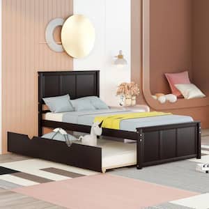 42 in. W Espresso Twin Platform Bed with Trundle, Twin Trundle Bed Wood Bed Frame with Headboard, No Box Spring Needed