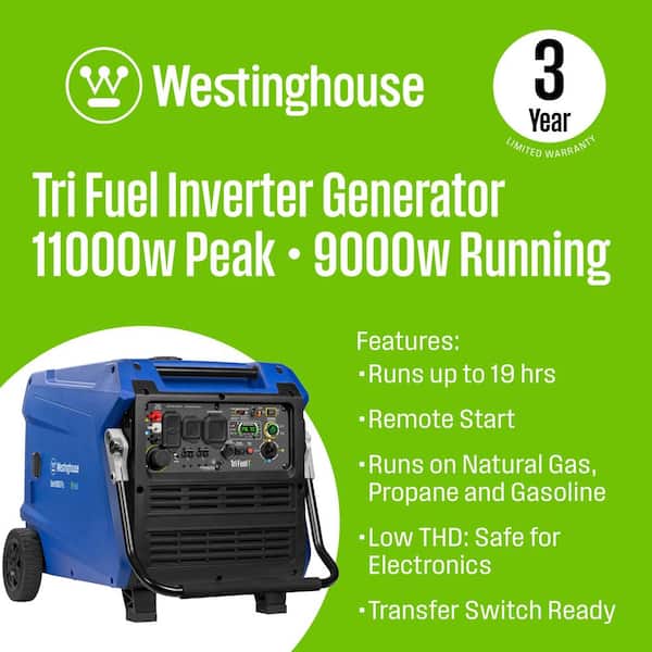 11,000-Watt Remote Electric Start Tri Fuel Gas, Propane, Natural Gas Powered Inverter Generator with CO Sensor
