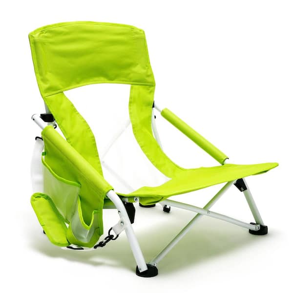 Clihome Outdoor Metal Frame Bright Green Folding Beach Chair with Side Pocket（Set of 4）