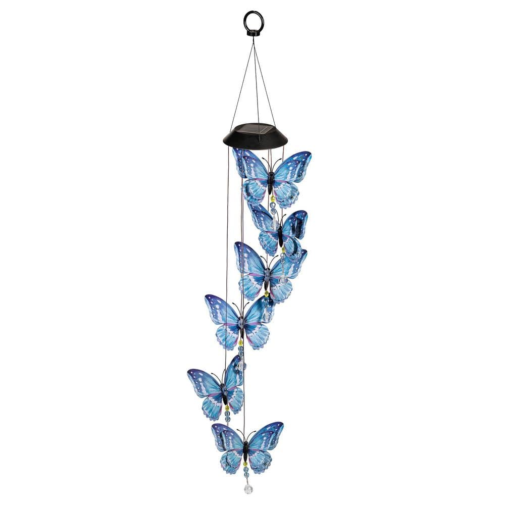 26 in. White Metal Solar Powered Frosted Butterfly Mobile Wind Chime Spinner
