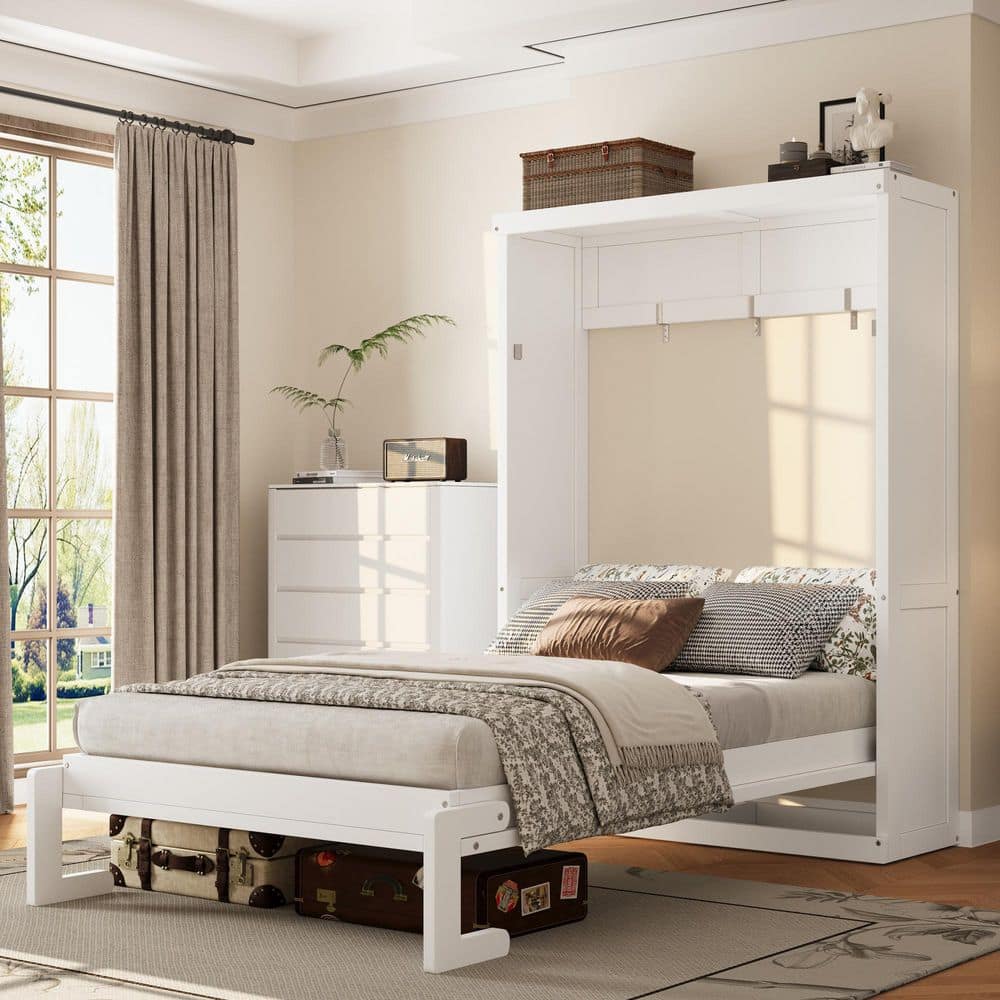 Harper & Bright Designs White Wood Frame Twin Size Murphy Bed