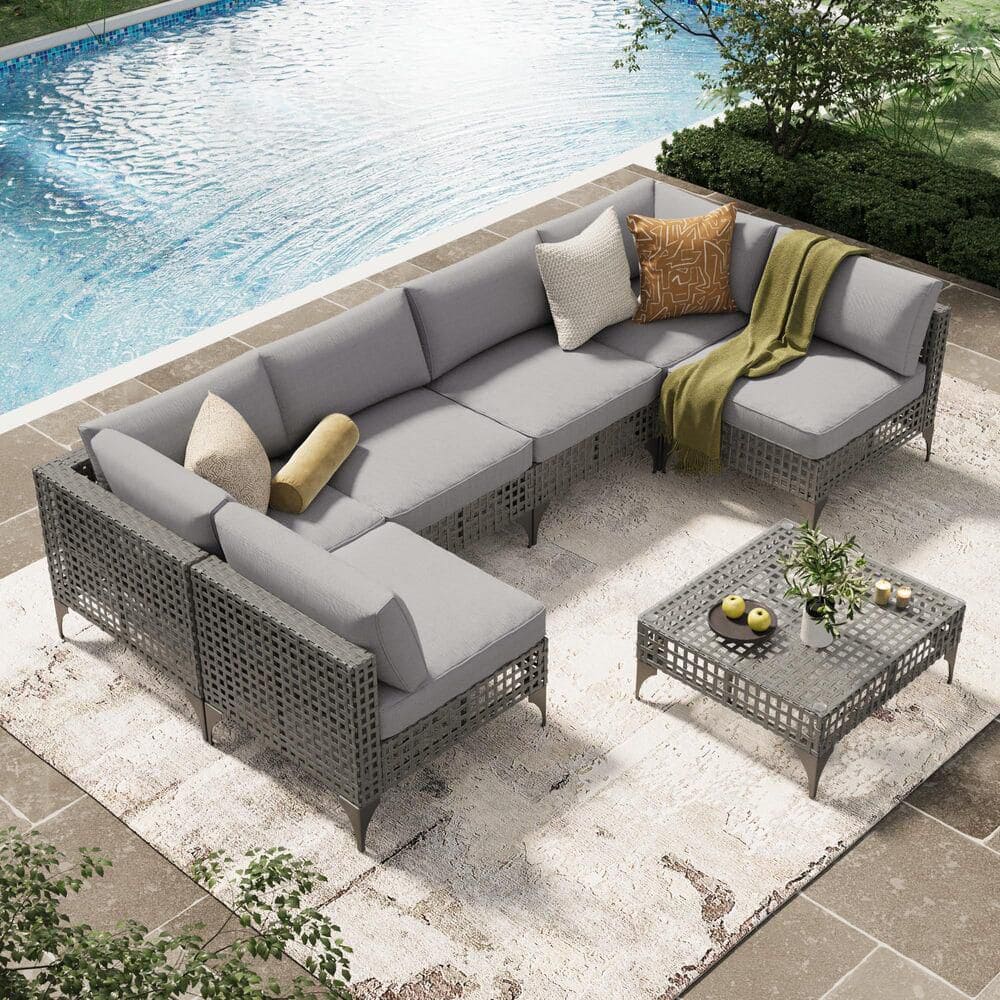 Gray 7-Piece Rattan Wicker Boho Outdoor Patio Conversation Set with Gray Cushions and Tea Table price history on PriceWatchPro